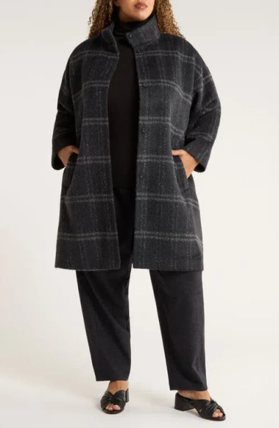 Eileen Fisher Plaid Stand Collar Alpaca & Wool Blend Coat In Blue