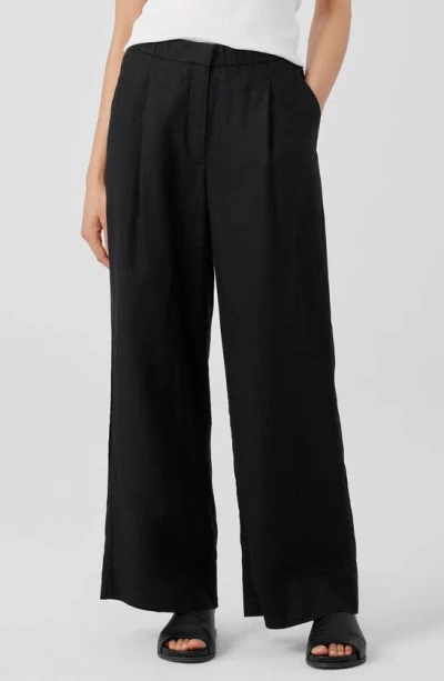Eileen Fisher Pleated High Waist Organic Linen Wide Leg Pants In Black