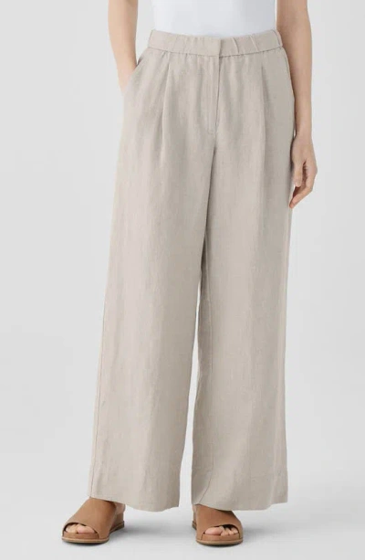 Eileen Fisher Pleated High Waist Organic Linen Wide Leg Pants In Undyed Natural
