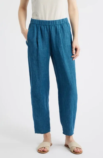 Eileen Fisher Pleated Organic Linen Lantern Ankle Pants In Blue