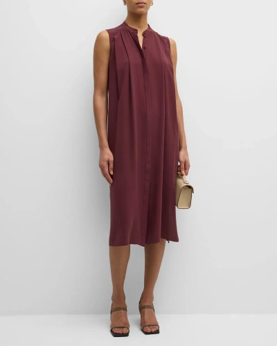 Eileen Fisher Pleated Silk Georgette Crepe Midi Shirtdress In Burgundy