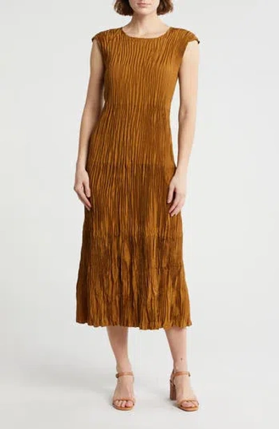 Eileen Fisher Pleated Tiered Silk Midi Dress In Bronze