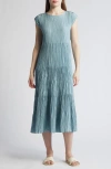 EILEEN FISHER PLEATED TIERED SILK MIDI DRESS