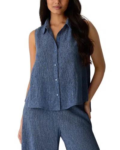 Eileen Fisher Plisse Classic Collar A Line Sleeveless Shirt In Blue