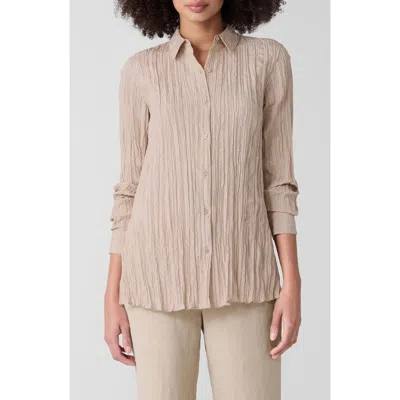 Eileen Fisher Plissé Silk Tunic Shirt In Wheat