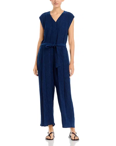 Eileen Fisher Plisse V Neck Wide Ankle Jumpsuit In Blue