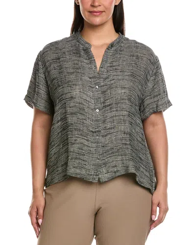 Eileen Fisher Plus Mandarin Collar Linen-blend Shirt In Black