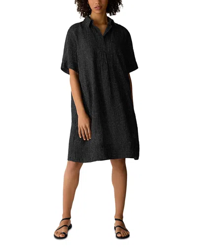 Eileen Fisher Puckered Linen Grid Classic Collar Dress In Multi