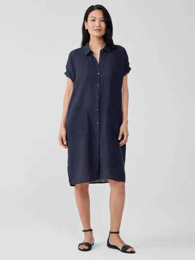 Eileen Fisher Puckered Organic Linen Classic Collar Dress In Blue