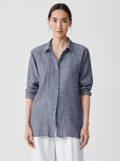 Eileen Fisher Puckered Organic Linen Classic Collar Long Shirt In Blue