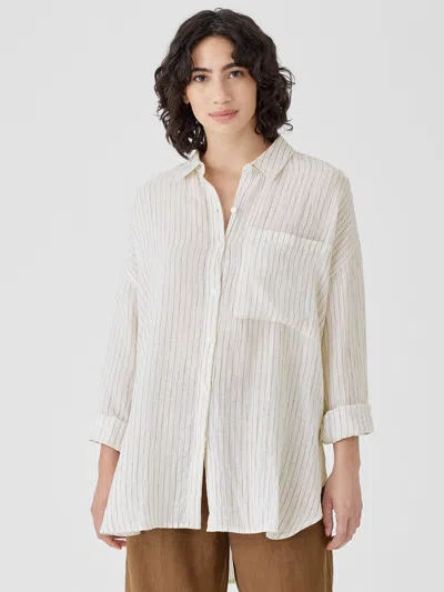 Eileen Fisher Puckered Organic Linen Classic Collar Long Shirt In White