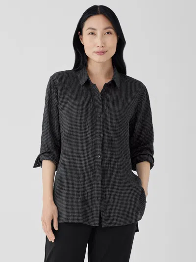 Eileen Fisher Puckered Organic Linen Classic Collar Shirt In Black