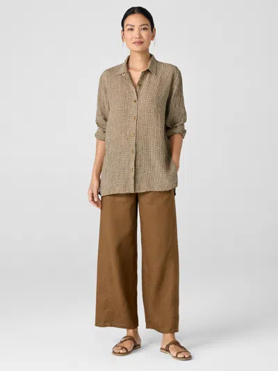 Eileen Fisher Puckered Organic Linen Classic Collar Shirt In Brown