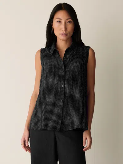 Eileen Fisher Puckered Organic Linen Grid Sleeveless Shirt In Black/white
