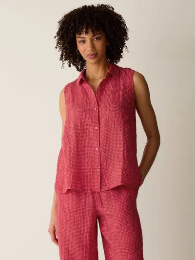 Eileen Fisher Puckered Organic Linen Grid Sleeveless Shirt In Grenadine