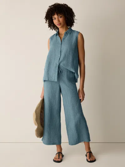 Eileen Fisher Puckered Organic Linen Grid Wide-leg Pant In Black/white
