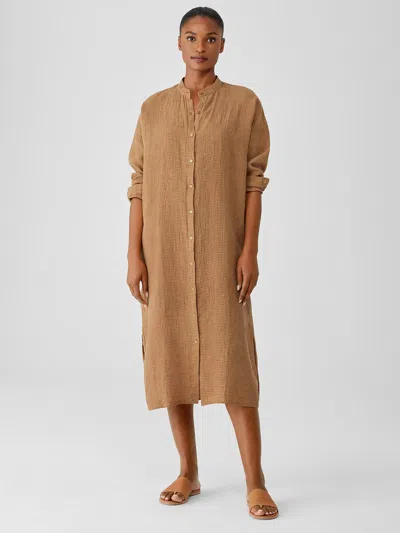 Eileen Fisher Puckered Organic Linen Long Shirtdress In Brown