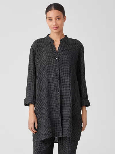 Eileen Fisher Puckered Organic Linen Mandarin Collar Long Shirt In Black