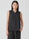 Eileen Fisher Puckered Organic Linen Mandarin Collar Shirt In Black