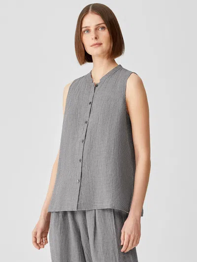 Eileen Fisher Puckered Organic Linen Mandarin Collar Shirt In Gray