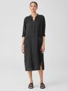 Eileen Fisher Puckered Organic Linen Mandarin Collar Shirtdress In Black