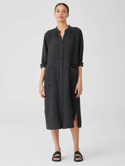Eileen Fisher Puckered Organic Linen Mandarin Collar Shirtdress In Black