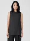 Eileen Fisher Puckered Organic Linen Mock Neck Top In Black