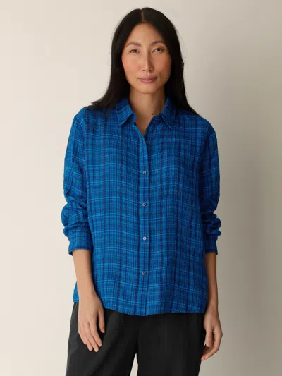 Eileen Fisher Puckered Organic Linen Plaid Classic Collar Shirt In Deep Dive
