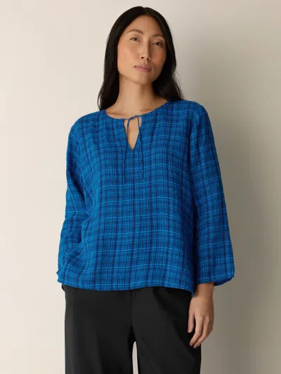 Eileen Fisher Puckered Organic Linen Plaid Keyhole Top In Blue