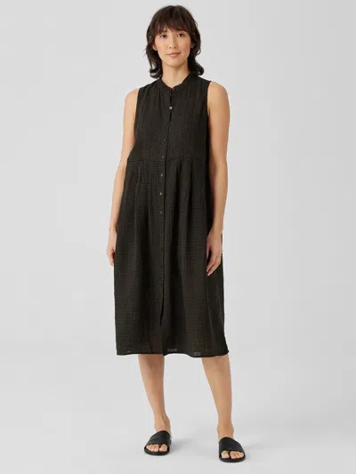 Eileen Fisher Puckered Organic Linen Pleated Dress In Black