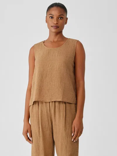 Eileen Fisher Puckered Organic Linen Scoop Neck Tank In Brown