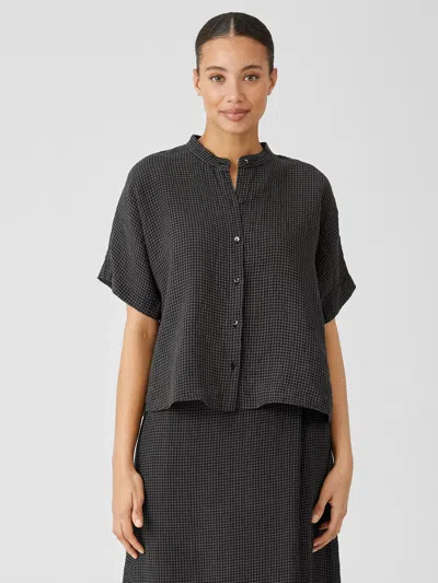 Eileen Fisher Puckered Organic Linen Short-sleeve Shirt In Black