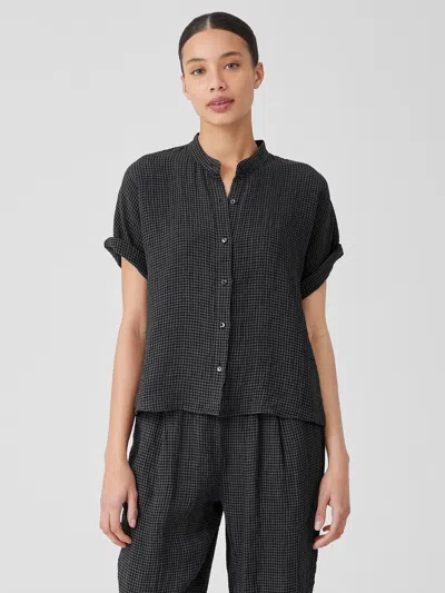 Eileen Fisher Puckered Organic Linen Short-sleeve Shirt In Black