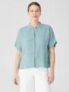 Eileen Fisher Puckered Organic Linen Short-sleeve Shirt In Blue