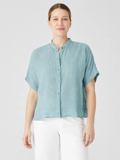 Eileen Fisher Puckered Organic Linen Short-sleeve Shirt In Blue