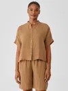 Eileen Fisher Puckered Organic Linen Short-sleeve Shirt In Brown