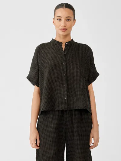 Eileen Fisher Puckered Organic Linen Short-sleeve Shirt In Black