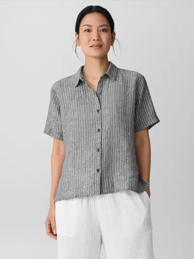 Eileen Fisher Puckered Organic Linen Short-sleeve Shirt In Multi