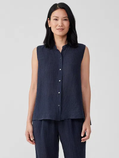 Eileen Fisher Puckered Organic Linen Sleeveless Shirt In Black