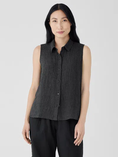 Eileen Fisher Puckered Organic Linen Sleeveless Shirt In Black