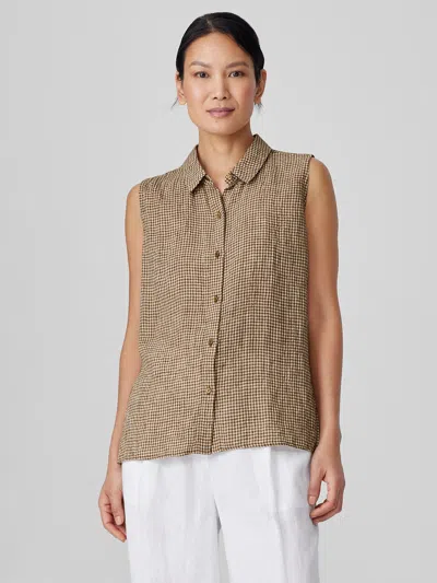 Eileen Fisher Puckered Organic Linen Sleeveless Shirt In Brown