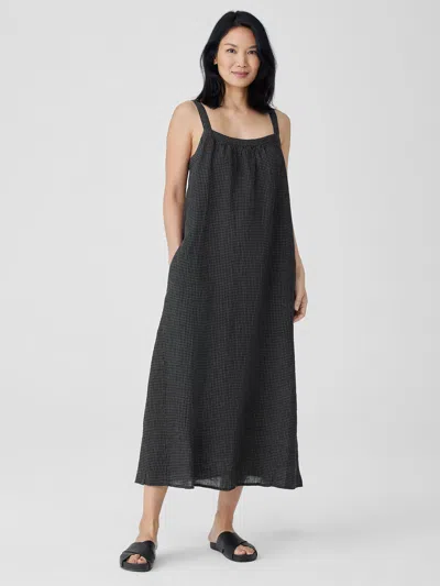 Eileen Fisher Puckered Organic Linen Square Neck Dress In Black