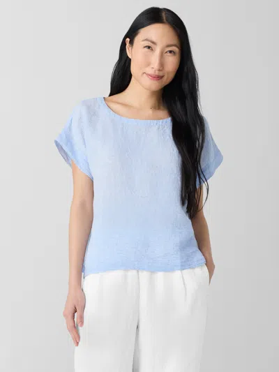 Eileen Fisher Puckered Organic Linen Stripe Ballet Neck Top In Blue