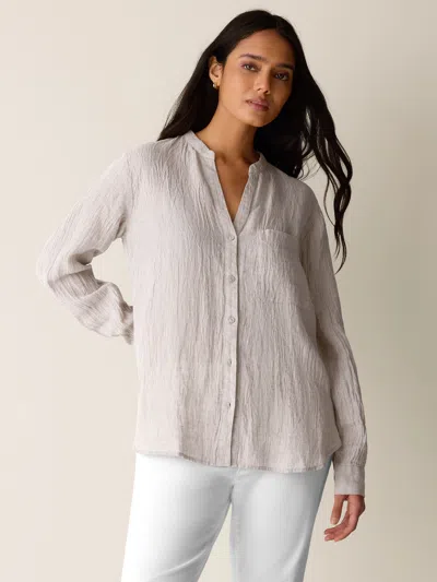 Eileen Fisher Puckered Organic Linen Stripe Band Collar Shirt In Teal