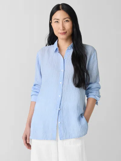 Eileen Fisher Puckered Organic Linen Stripe Classic Collar Shirt In Blue