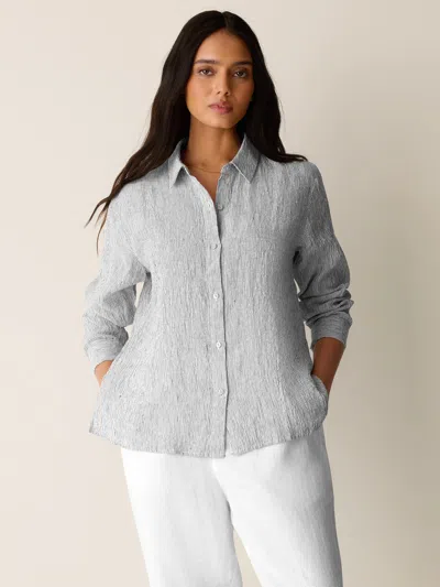 Eileen Fisher Puckered Organic Linen Stripe Classic Collar Shirt In Crystal Pink
