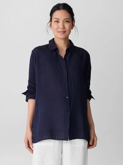 Eileen Fisher Puckered Organic Linen Stripe Classic Collar Shirt In Gray