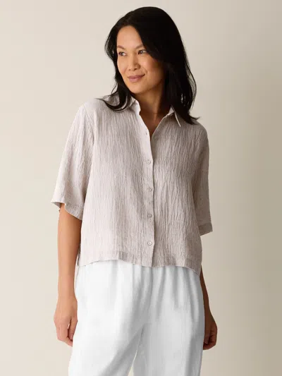 Eileen Fisher Puckered Organic Linen Stripe Elbow-sleeve Shirt In Teal