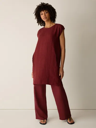 Eileen Fisher Puckered Organic Linen Stripe Jewel Neck Dress In Red