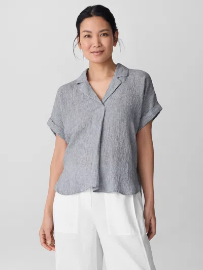 Eileen Fisher Puckered Organic Linen Stripe Notch Collar Top In Gray